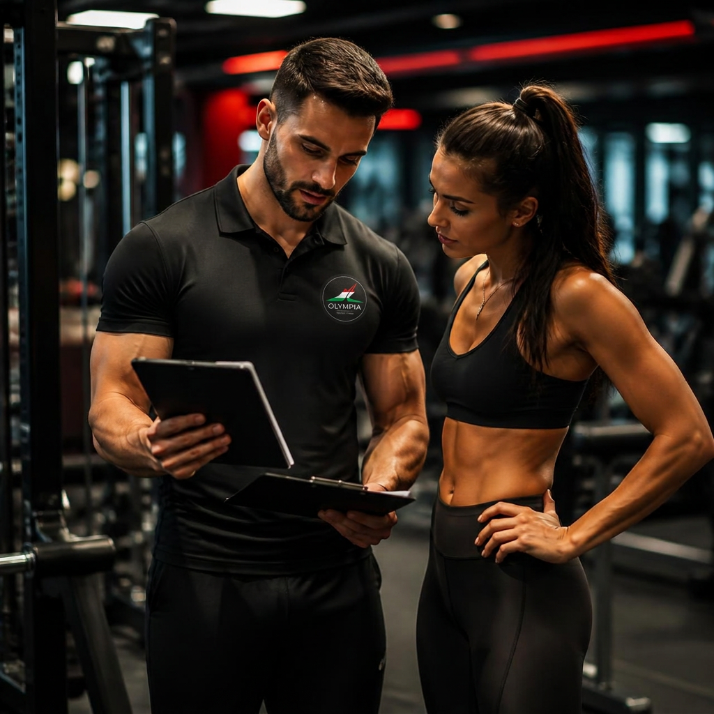 Istruttore che mostra una scheda di allenamento personalizzata al cliente